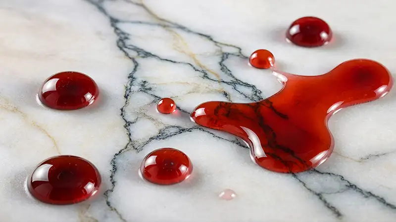 Red wine spilled on polished marble surface treated with Antolini Azerocare, showing no stains or acid etching