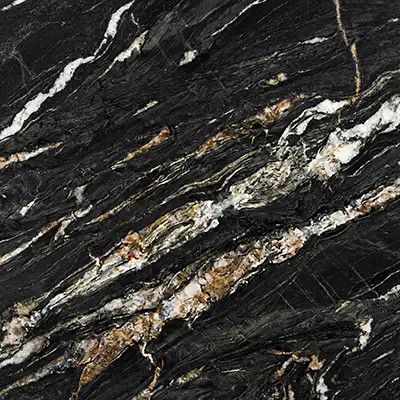 Belvedere granite with black background and bold white and gold veining used in a luxury interior design