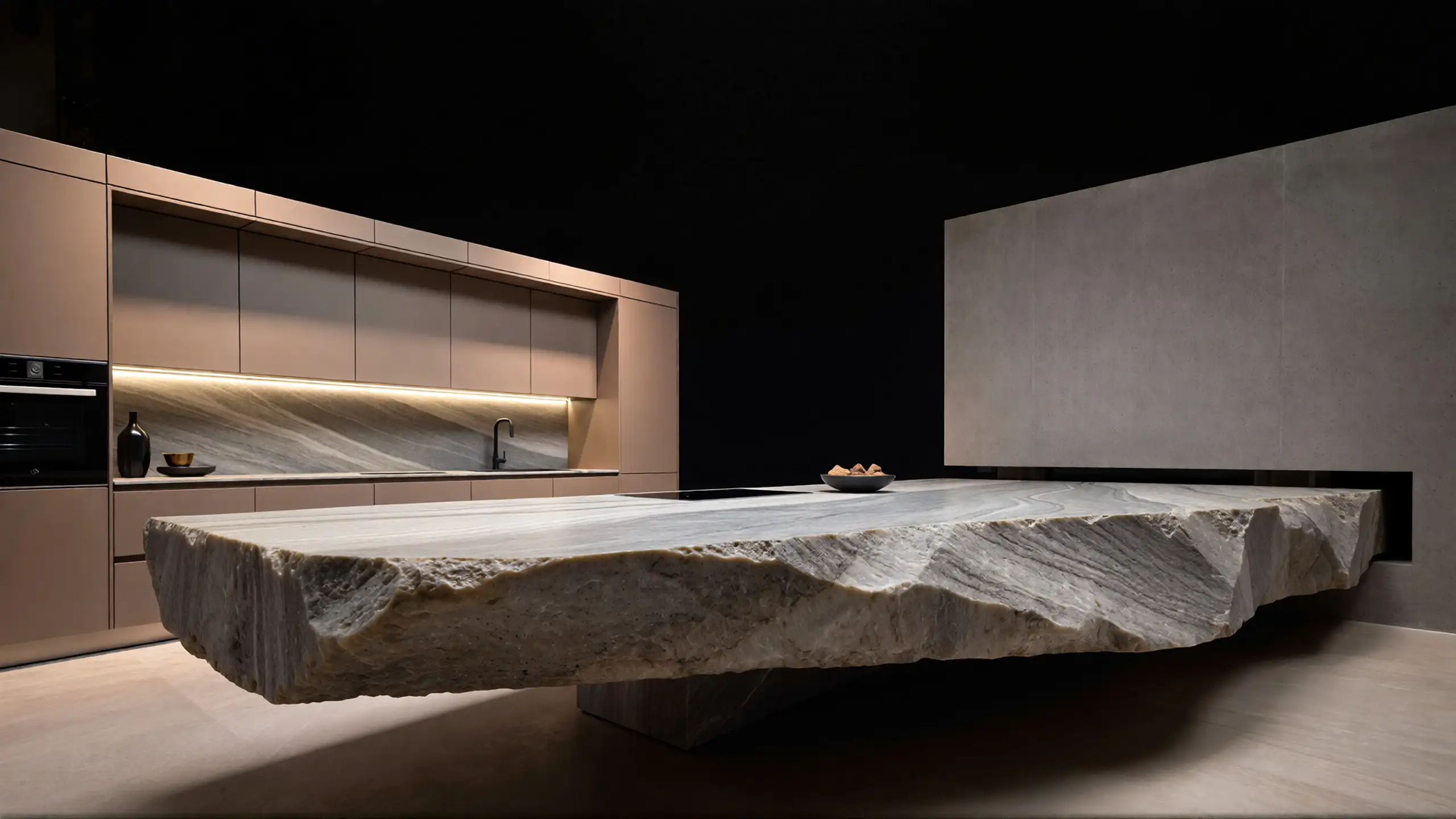 A futuristic architectural kitchen featuring a cantilevered stone island made from hard quartzite, with a massive floating slab extending outward without visible support.