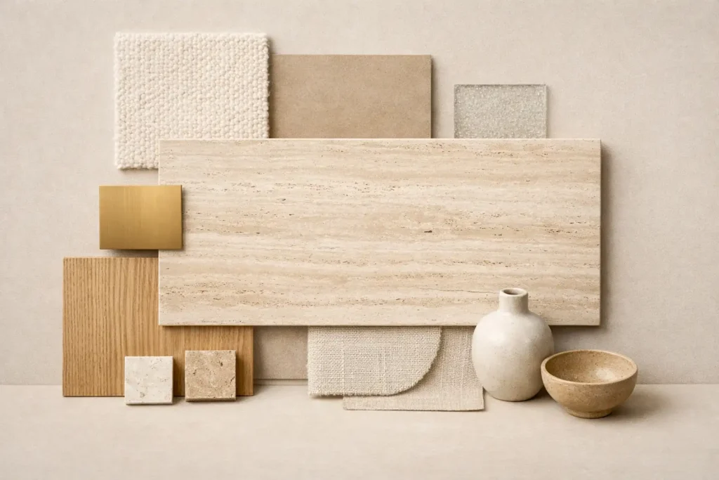 Classic travertine moodboard featuring Japandi style with natural stone, light wood, linen textures, and warm neutral tones