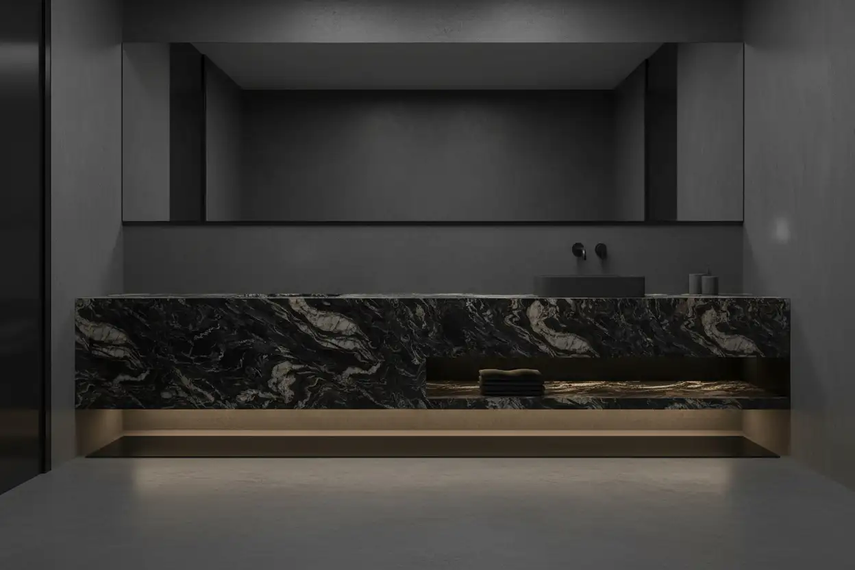 Floating marble vanity carved from a solid stone block creating a light and architectural bathroom design