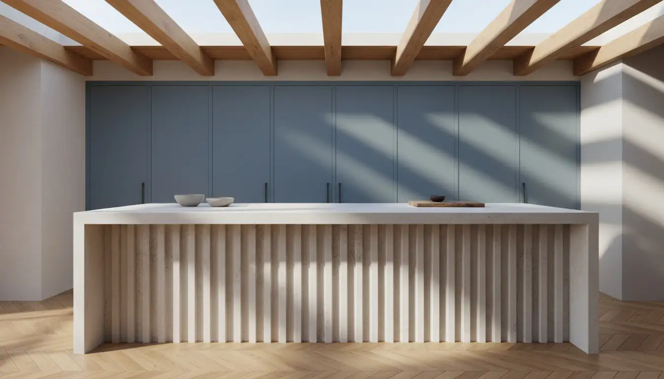 An architectural kitchen featuring a fluted stone island with vertical carved grooves, pastel blue cabinetry, wood parquet flooring, and natural sunlight creating rhythmic shadows across the stone surface.