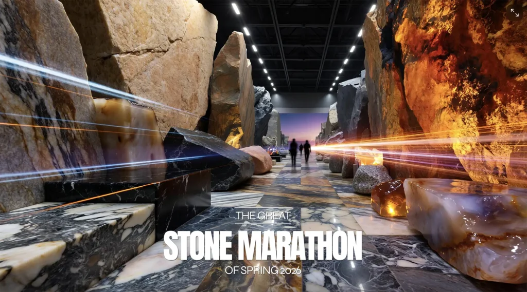 Conceptual image representing the global stone industry journey from Las Vegas to Izmir during Spring 2026 stone fairs