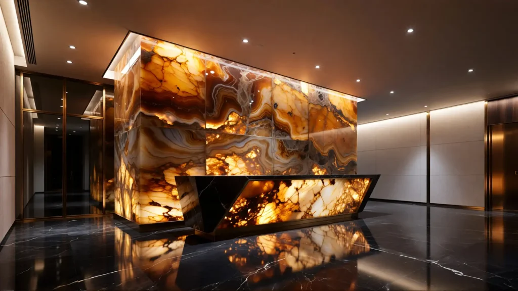 Backlit onyx stone glowing in a luxury modern interior, showcasing natural translucency and veining