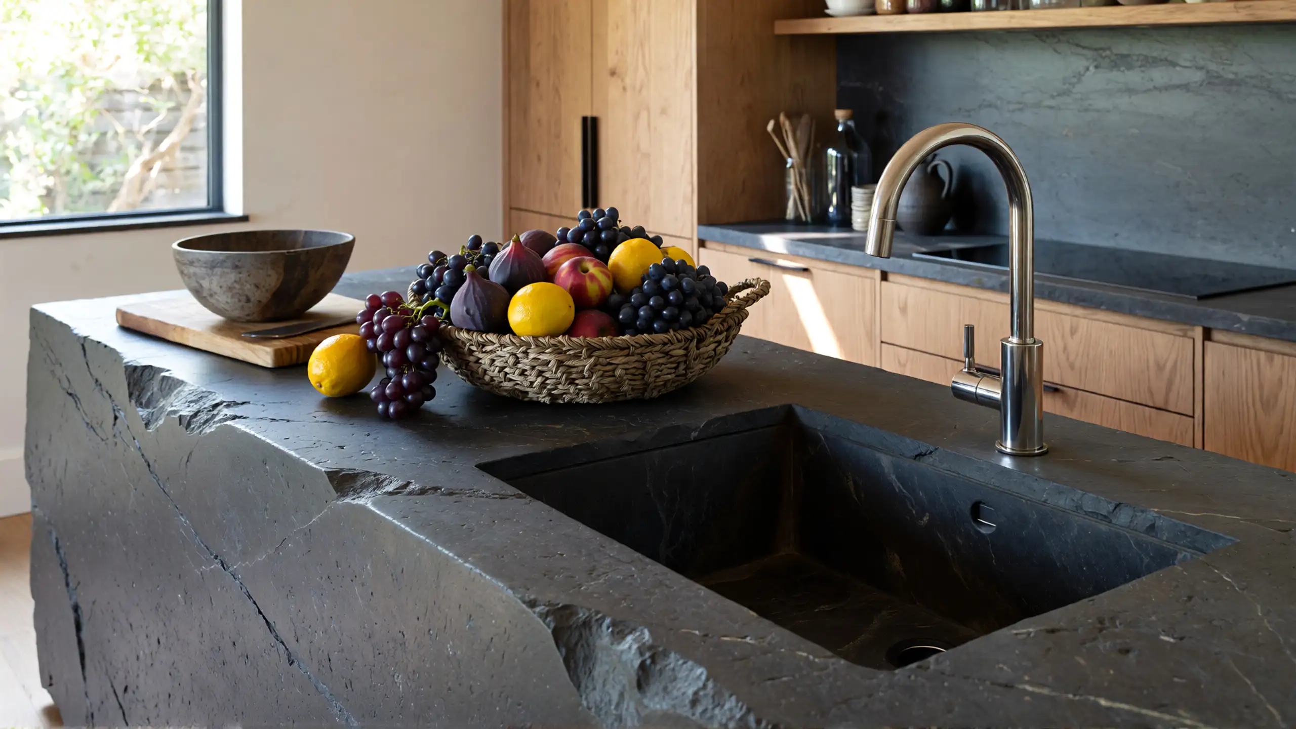 A modern architectural kitchen featuring an integrated stone sink carved directly from a dark granite countertop, with a chrome faucet, summer fruit basket, and warm wooden cabinetry creating a lived-in space.