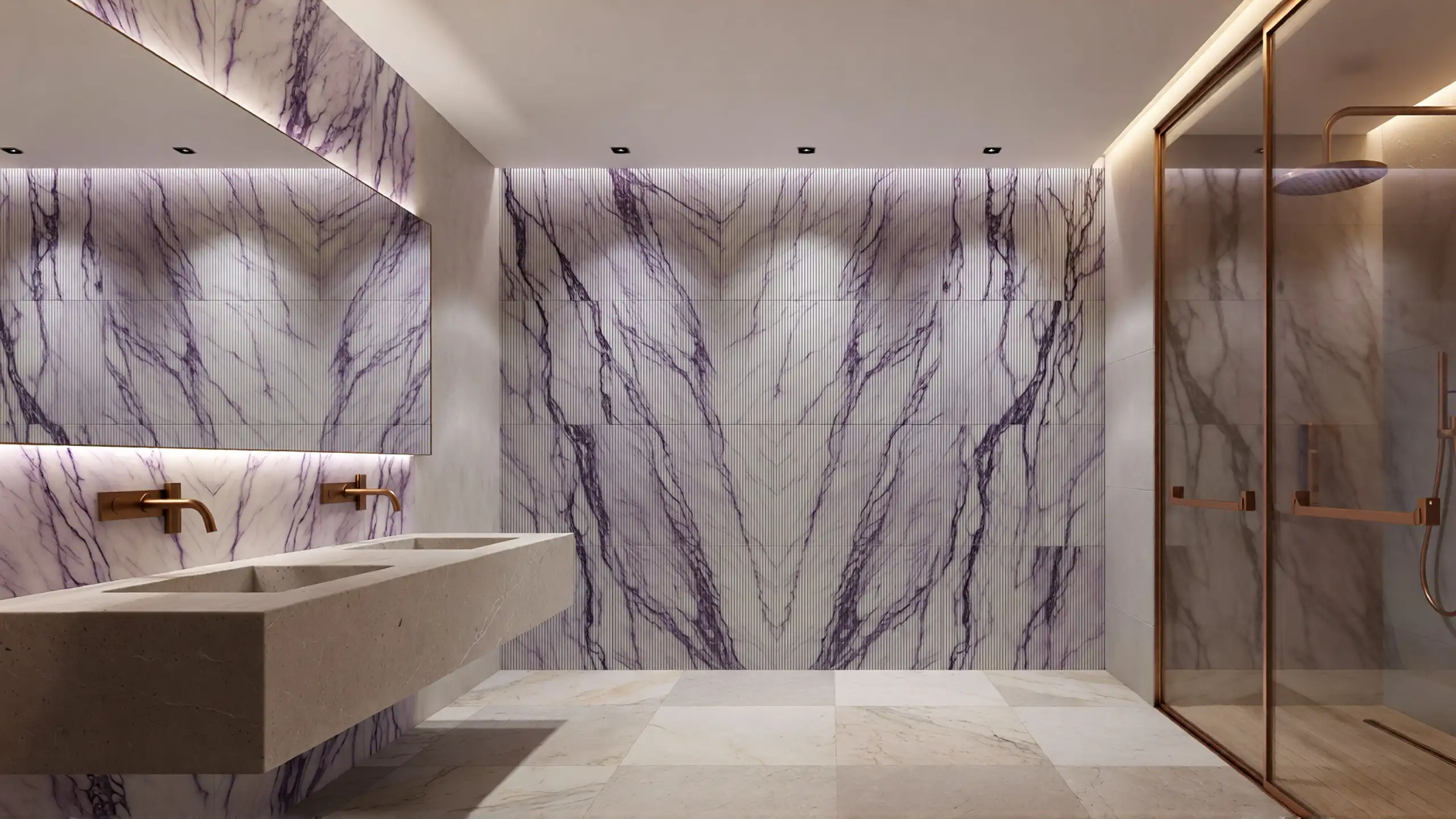 Modern bathroom featuring fluted Lilac marble walls with honed finish, vertical ribbed texture, bookmatched veining, and soft architectural lighting