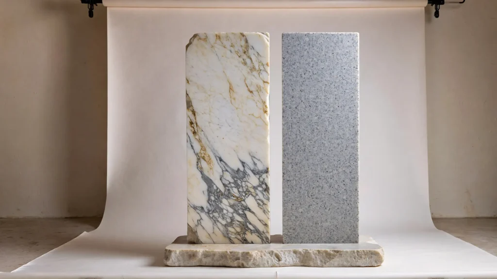 Editorial comparison of natural marble and engineered quartz surfaces, highlighting organic veining versus uniform engineered patterns in modern countertop design.