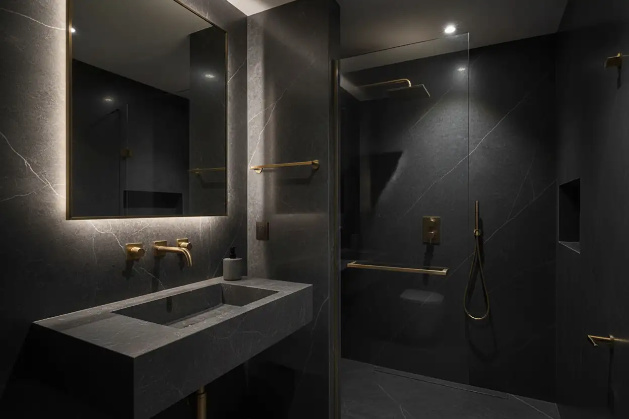 Aged brass fixtures contrasted against dark natural stone surfaces in a moody luxury bathroom