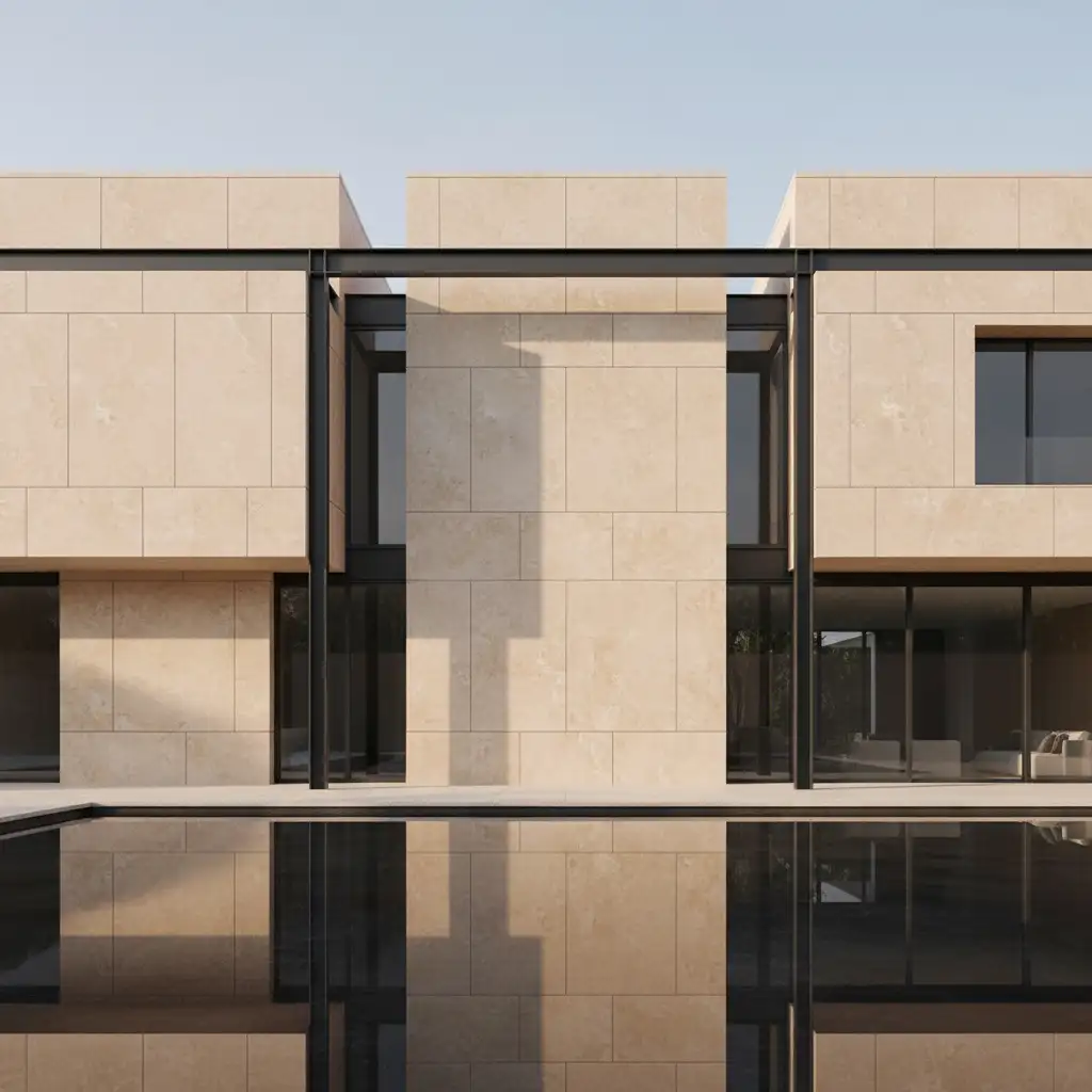 Minimalist building facade clad in natural travertine stone with clean modern architectural lines