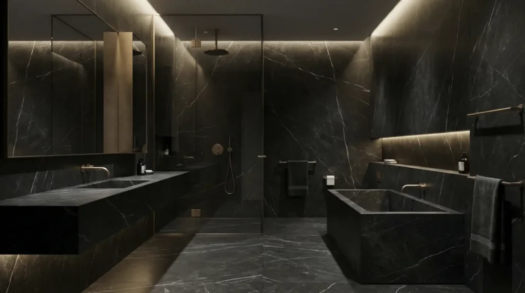 Moody modern bathroom featuring black marble surfaces and dramatic lighting in a luxury interior design