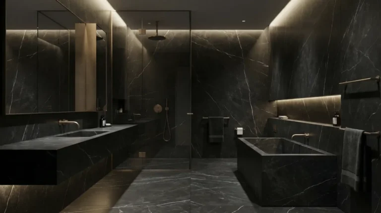 Moody modern bathroom featuring black marble surfaces and dramatic lighting in a luxury interior design