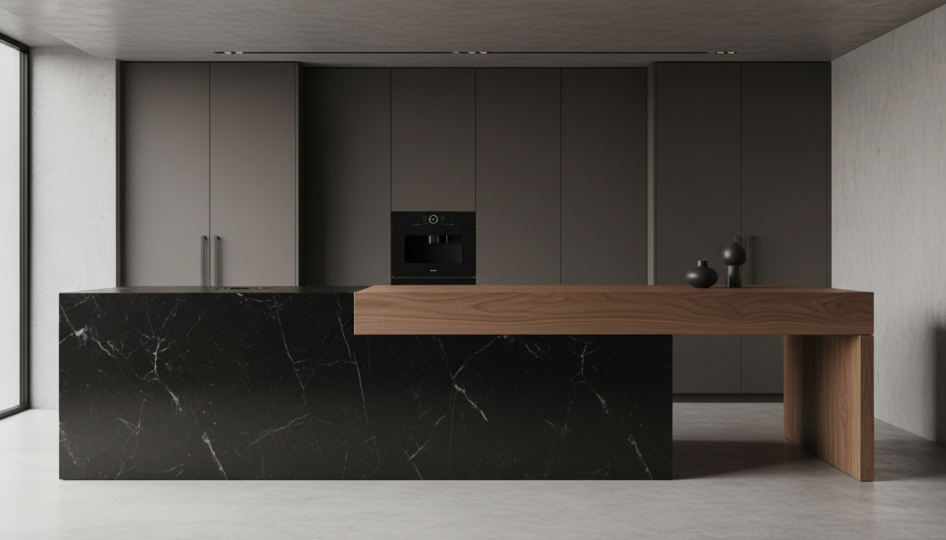 An architectural kitchen featuring a mixed-media island combining Nero Marquina black marble with a thick American walnut slab, creating a masculine and balanced stone-and-wood composition.