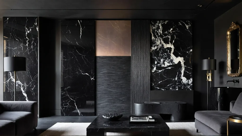 Luxury black marble surfaces with dramatic veining used in a moody high-end interior design setting