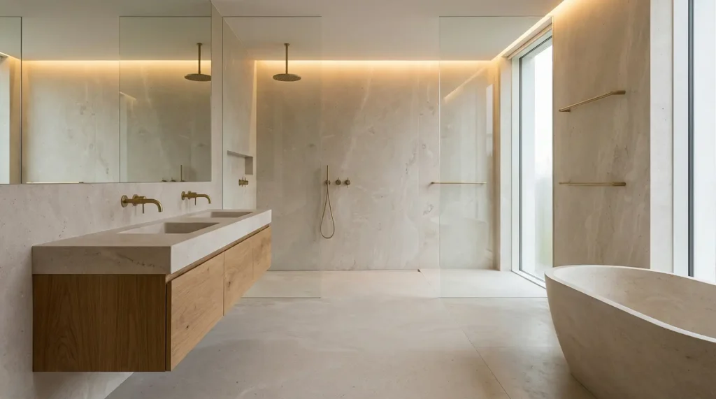 Organic luxury bathroom featuring limestone stone surfaces, oak wood vanity, and brushed brass fixtures in a modern architectural design