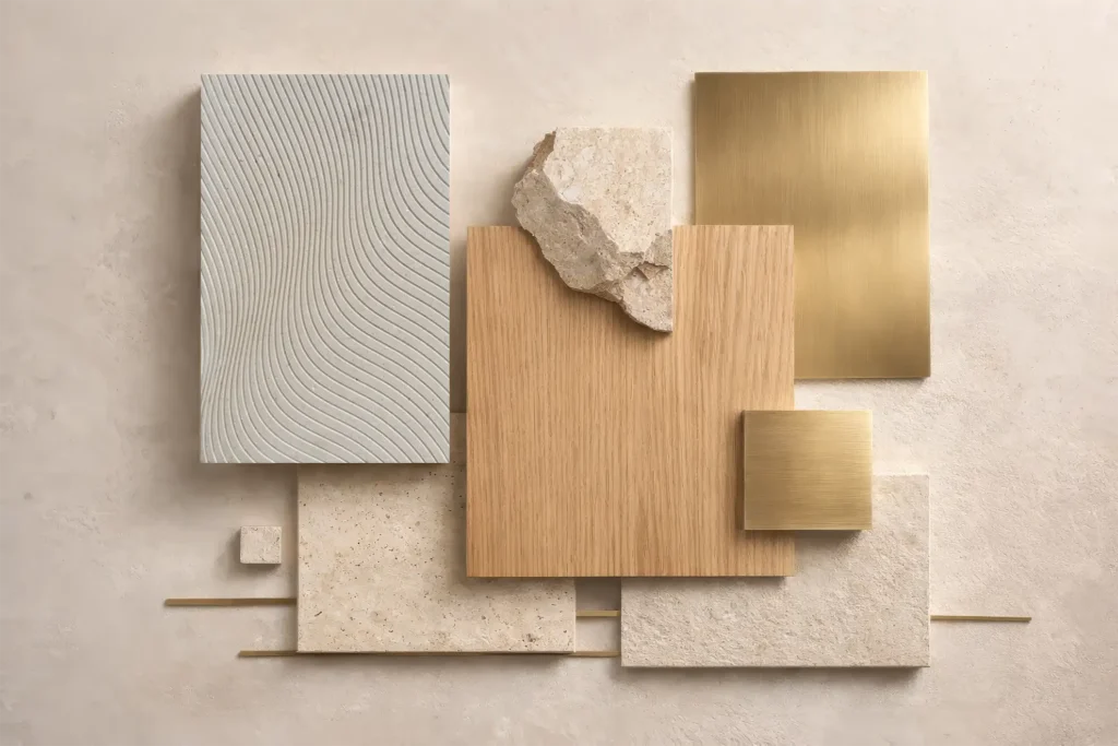 Modern interior design moodboard featuring limestone, oak wood, and brass materials in an organic luxury palette