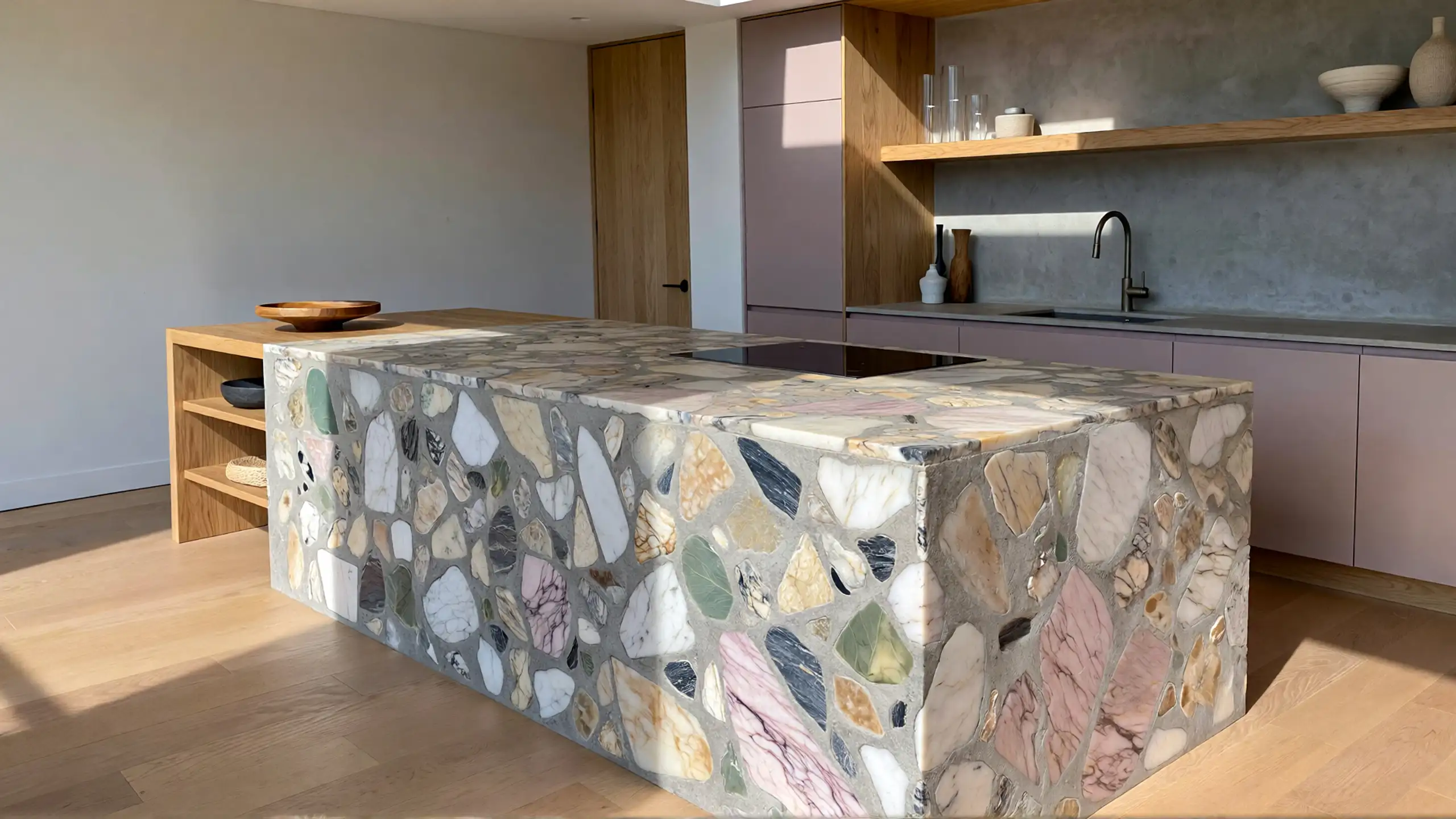 An architectural kitchen featuring a refined terrazzo island made from small recycled marble aggregates set in cement, creating a calm, sustainable, and modern monolithic design.