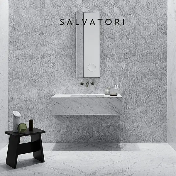 Romboo diamond-shaped 3D stone tiles made from off-cuts creating dynamic light and shadow effects