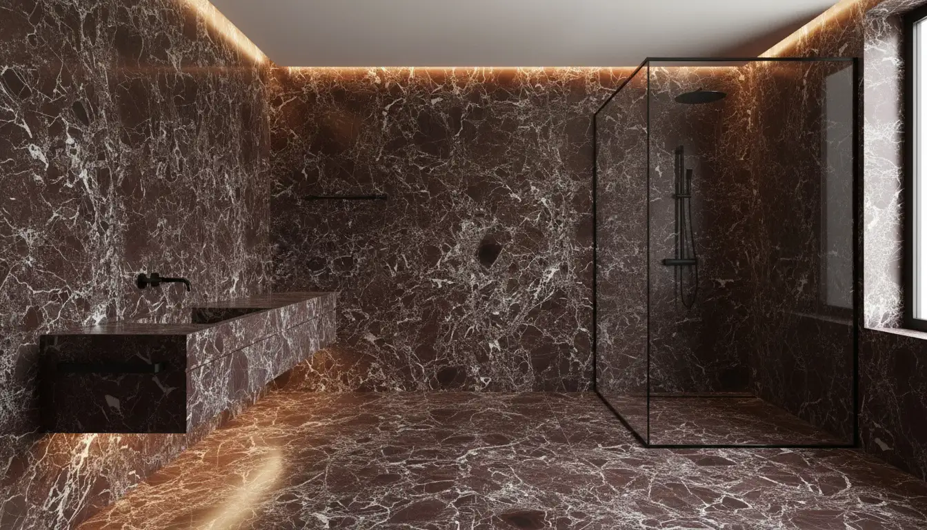 Dark luxury bathroom clad in Rosso Levanto marble with deep burgundy tones, dramatic white veining, and moody architectural lighting