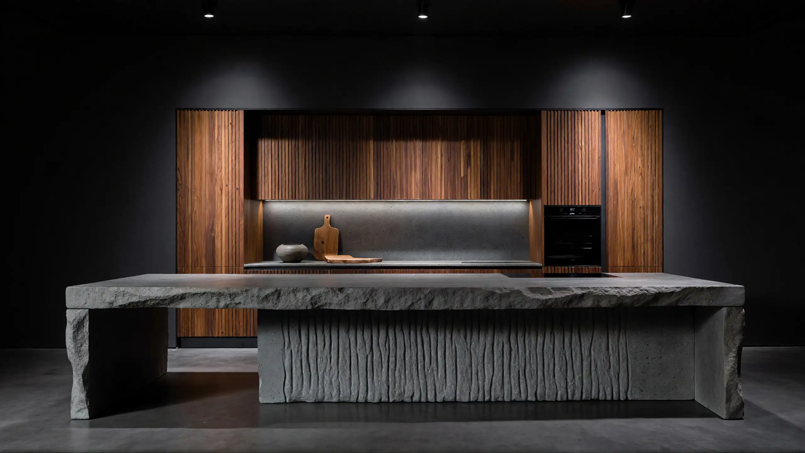 A contemporary minimalist kitchen featuring a monolithic limestone island with a honed top and controlled rough-cut front edge, combined with warm wood cabinetry and cinematic architectural lighting.
