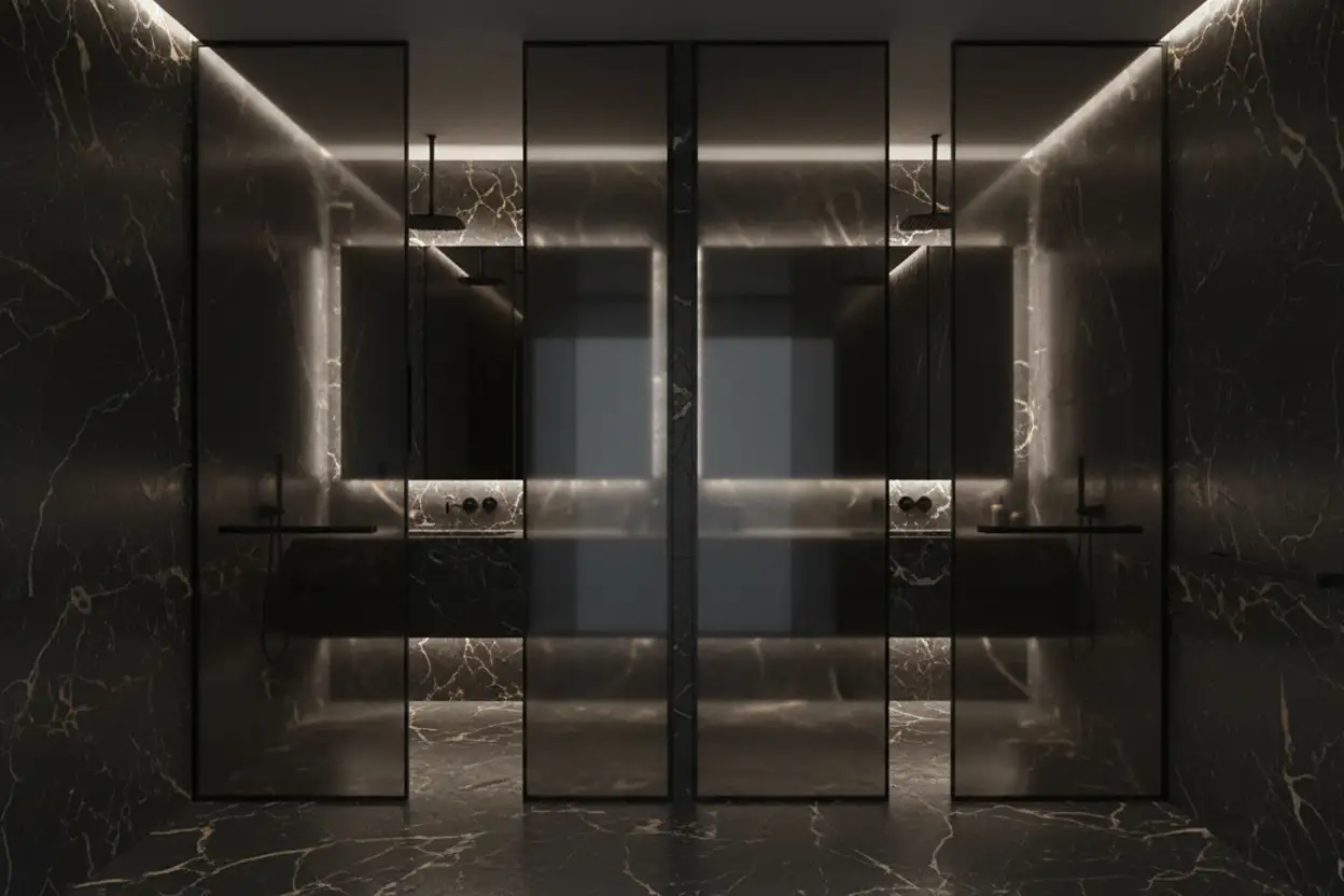 Smoked glass shower enclosure combined with dark natural stone surfaces in a moody luxury bathroom