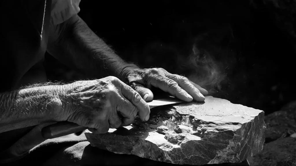 Black and white close-up of a stone craftsman shaping natural stone by hand, symbolizing craftsmanship and architectural refinement
