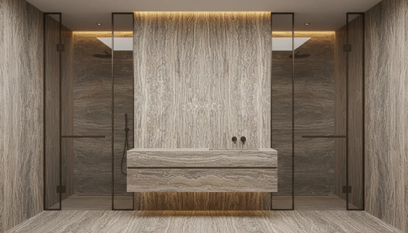 Modern bathroom featuring bookmatched titanium travertine slabs with honed finish, integrated stone vanity, and soft architectural lighting