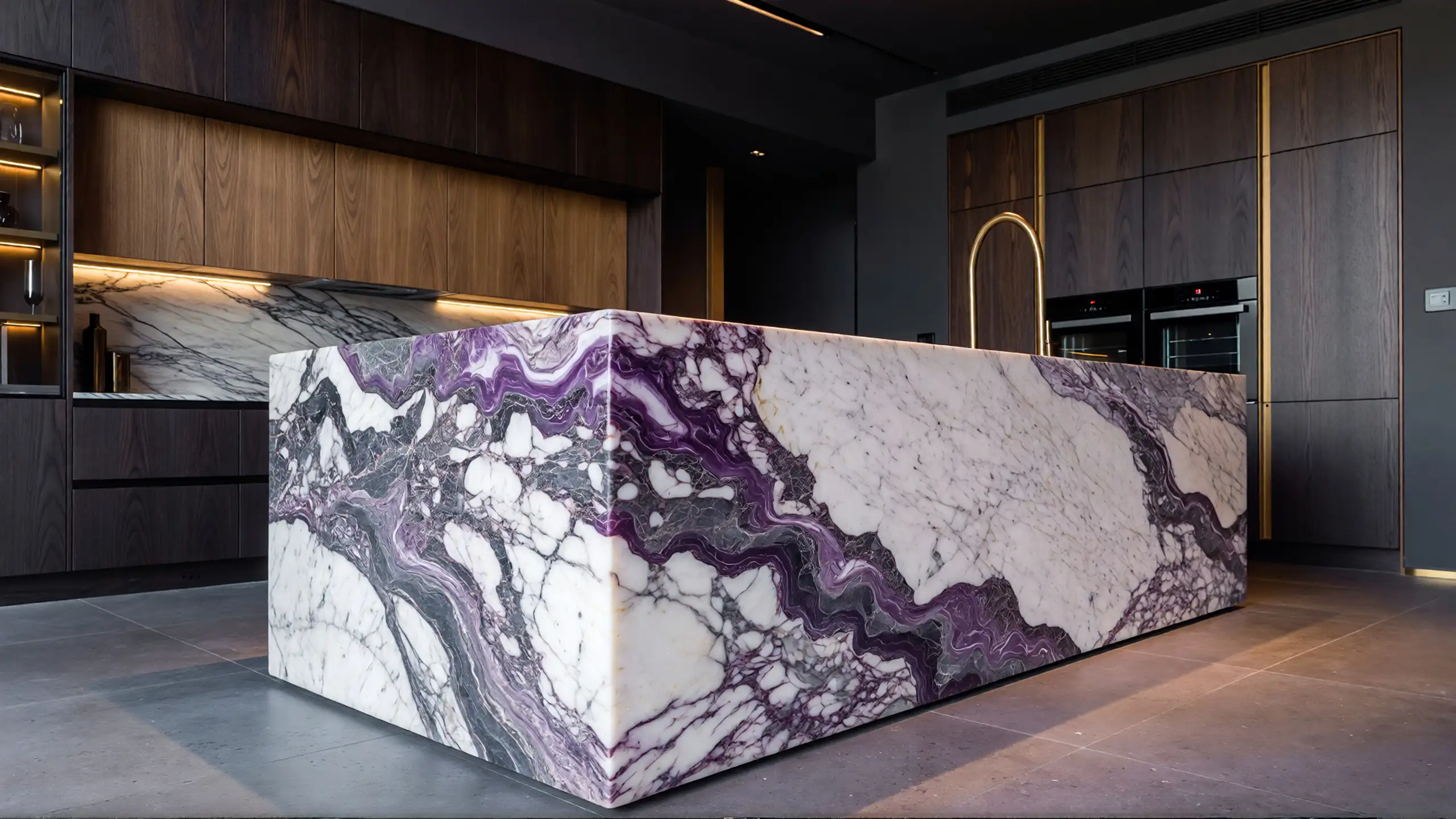 A luxury kitchen featuring a vein-matched Calacatta Viola marble island with continuous waterfall edges, creating the illusion of a single solid marble block within a dark, modern interior.