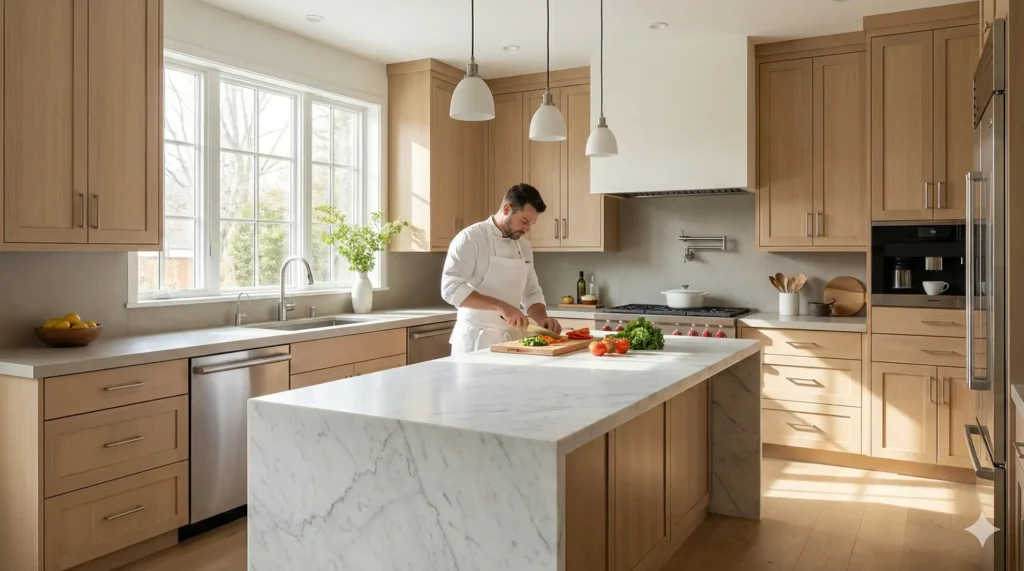 Chef preparing food on a Danby marble kitchen island showcasing the durability and performance of Vermont Quarries marble