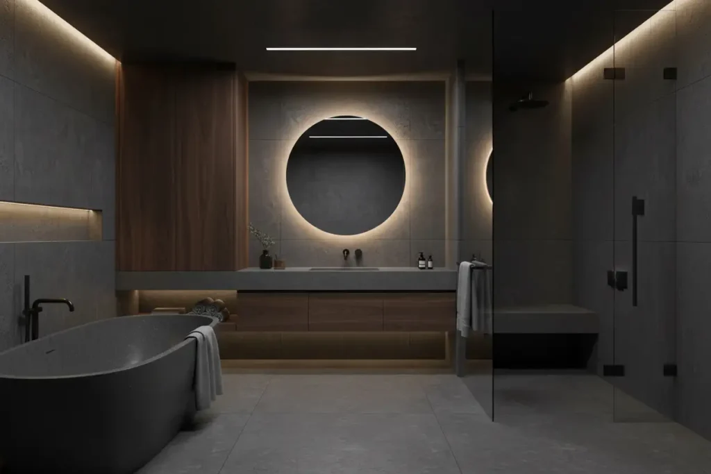 Dark walnut cabinetry paired with deep grey basalt stone in a moody luxury spa bathroom