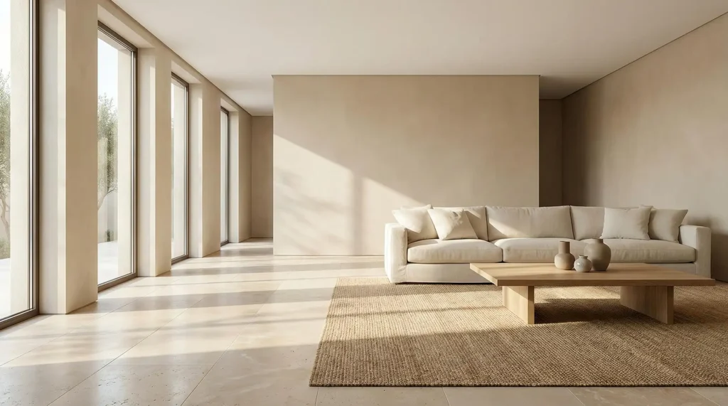 Modern minimalist living room featuring warm beige Travertine flooring and walls, illustrating 2025 interior design trends moving away from grey stone.