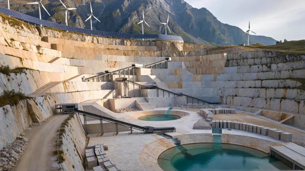 Futuristic zero-waste natural stone quarry inside a mountain, featuring sustainable stone extraction, water recycling systems, and circular production technology.