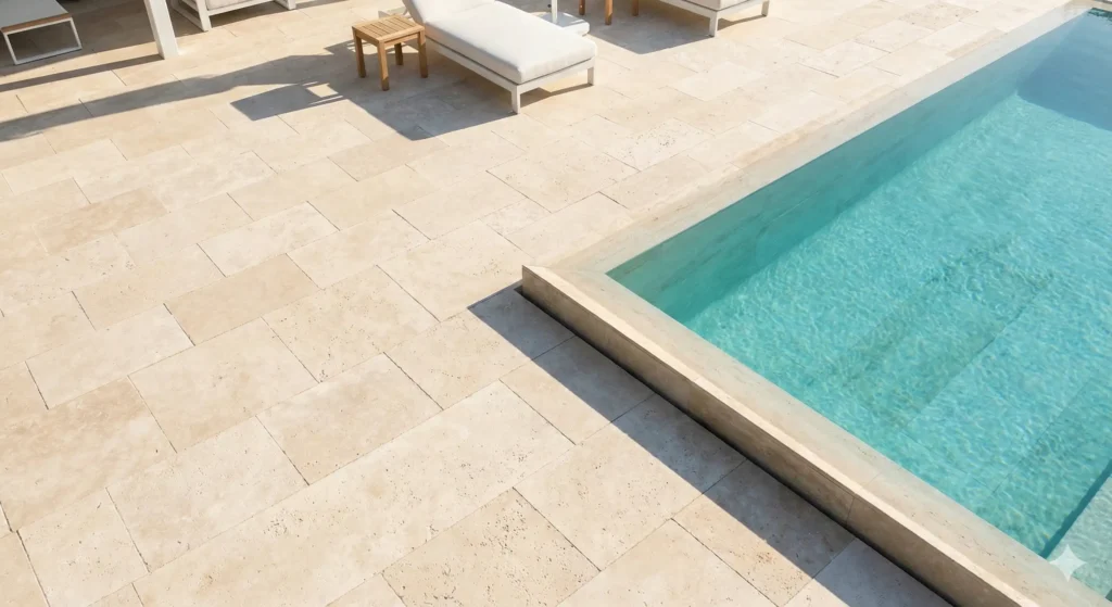 op-down view of a modern luxury pool deck featuring light beige Travertine pavers with a seamless drop face coping edge next to turquoise water.