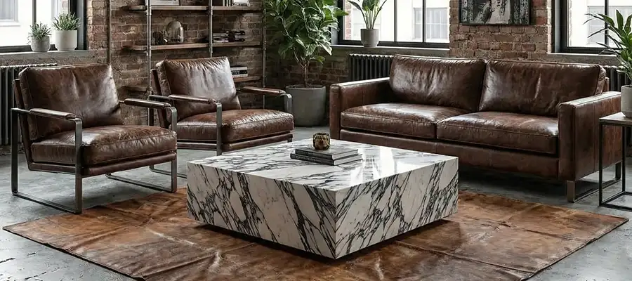 Calacatta Viola marble plinth coffee table used as a sculptural centerpiece in an industrial loft living room