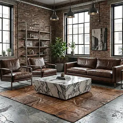 Calacatta Viola marble plinth used as a sculptural coffee table in a modern industrial living room interior