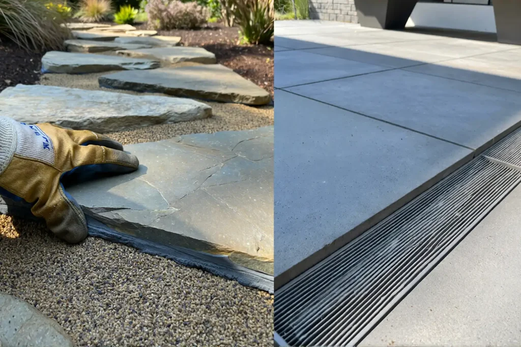 Comparison of dry lay sand-set and wet lay mortar installation methods for natural stone outdoor paving, showing flexible sand base versus permanent concrete foundation.