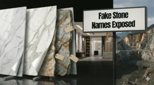 Split composition showing 'Carrara Look' and 'Calacatta Style' marketing labels peeling away to reveal raw geological stone, set against a natural stone quarry background.