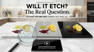 Side by side countertop materials tested with lemon, red wine, and oil to reveal etching and surface reactions in real kitchen conditions