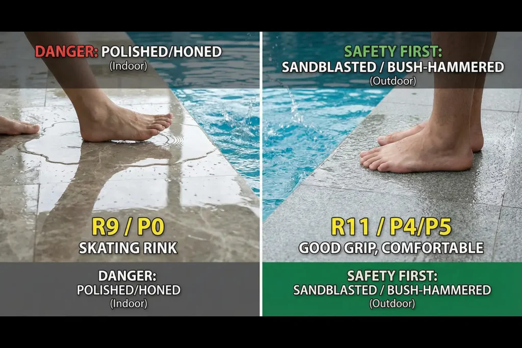 Comparison of polished indoor stone and sandblasted outdoor stone finishes on a pool deck, showing slip risk versus safe grip for bare feet.
