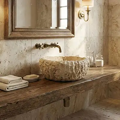Hand-carved raw stone vessel sink with chiseled texture used in a natural stone bathroom interior