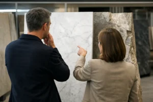 Buyers evaluating natural stone slabs in a showroom, illustrating the real cost of natural stone beyond surface appearance