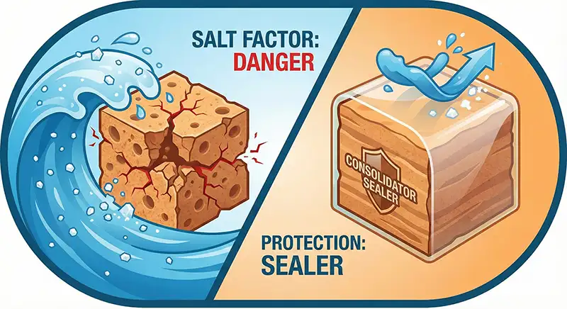 Warning icon illustrating salt damage risk on natural stone around saltwater pools, showing salt crystals penetrating porous stone and causing internal cracking