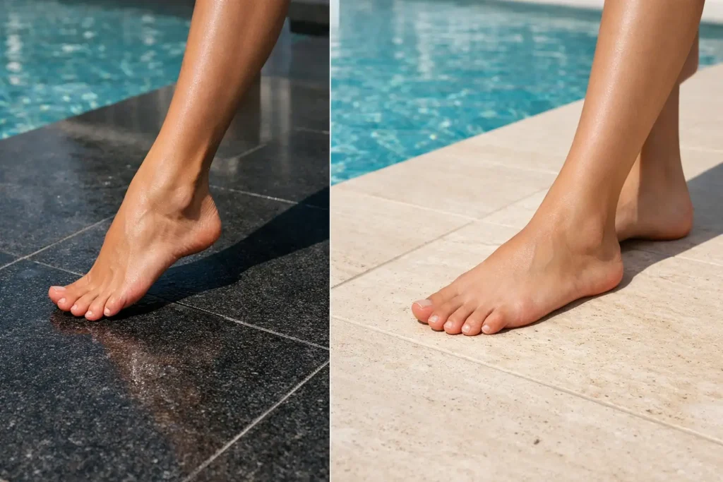 Editorial comparison of dark granite and light travertine pool deck under summer sun, showing barefoot comfort difference on natural stone surfaces