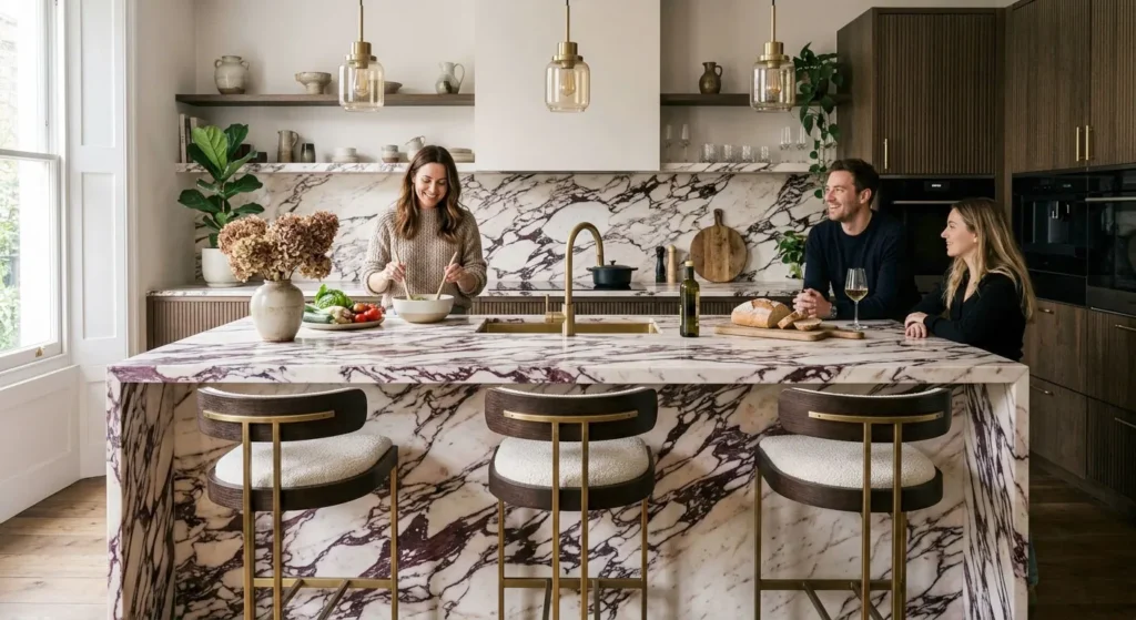 Calacatta Viola marble kitchen island with dramatic burgundy veining - 2026 Interior Design Trends
