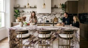 Calacatta Viola marble kitchen island with dramatic burgundy veining - 2026 Interior Design Trends