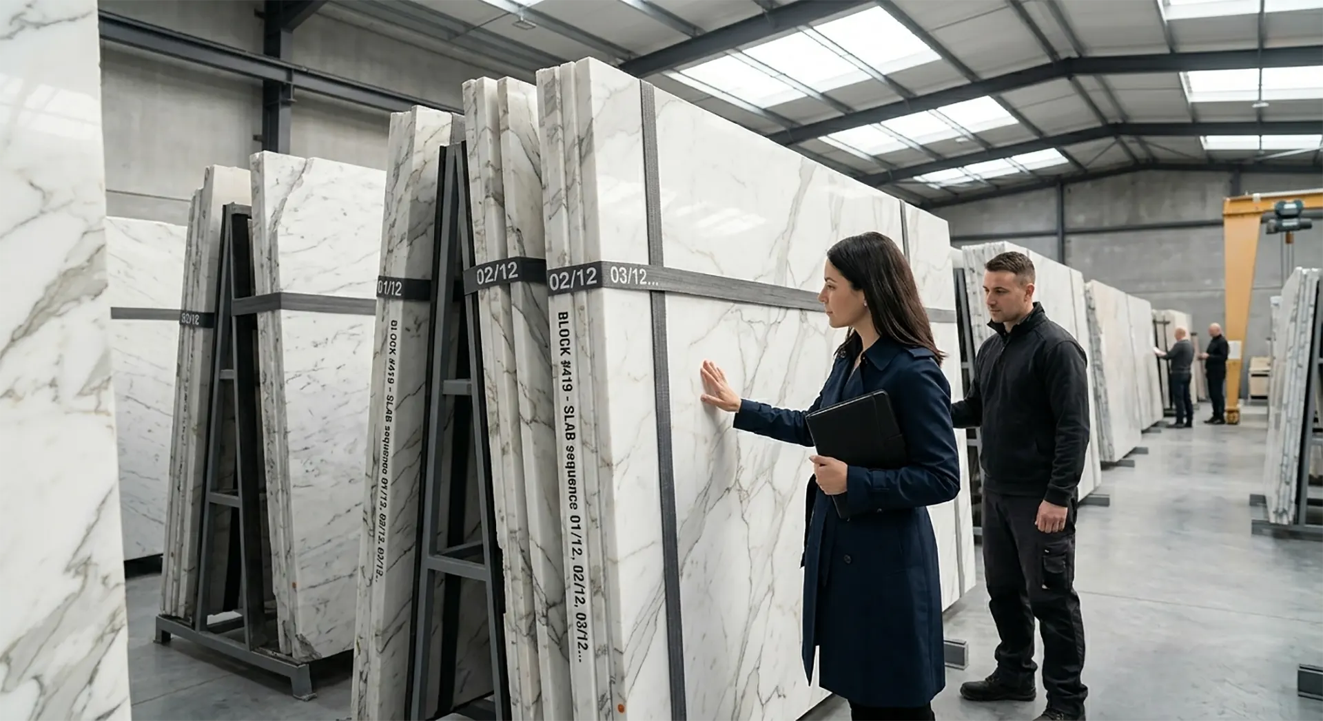 Interior designer inspecting sequentially numbered polished Calacatta marble slabs in a high-end stone warehouse for batch consistency verification - Stone Moods Checklist