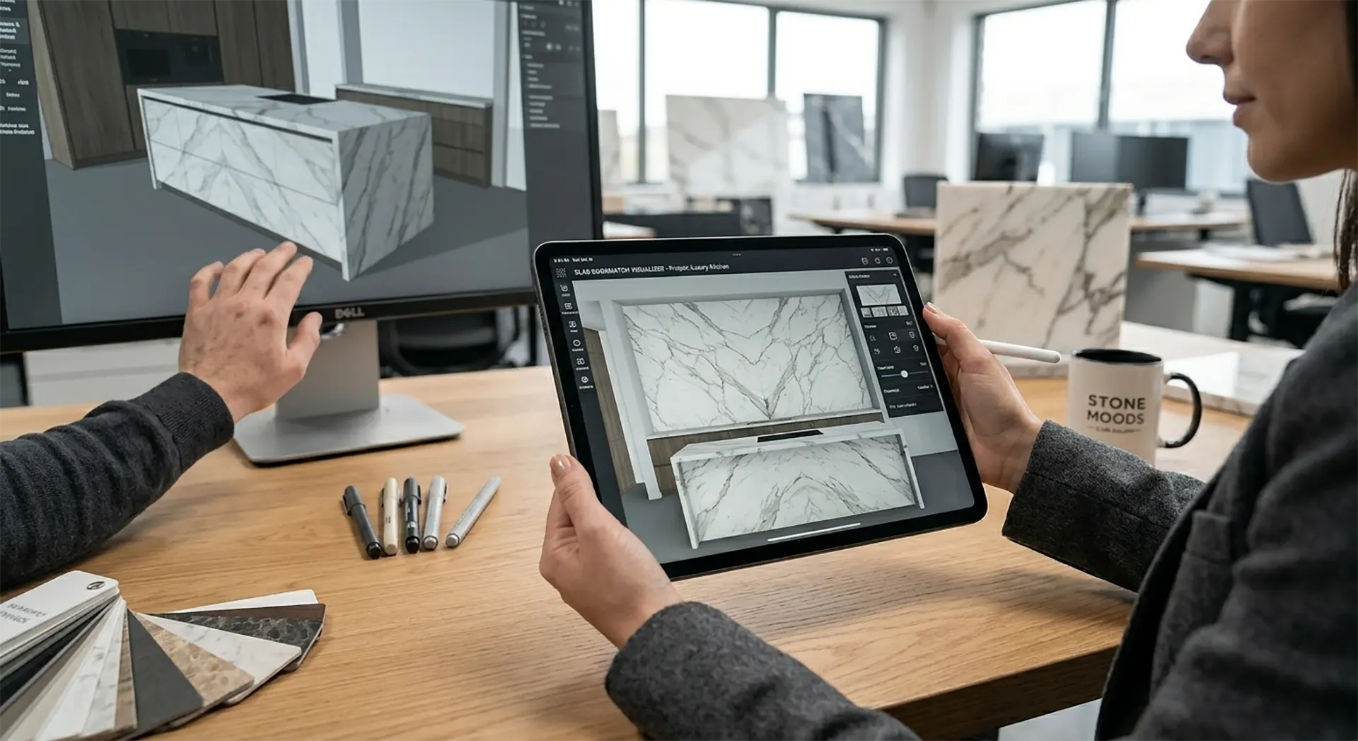 Modern interior designer using Slab Bookmatch Visualizer tool on a tablet for marble layout planning, Stone Moods digital design office.