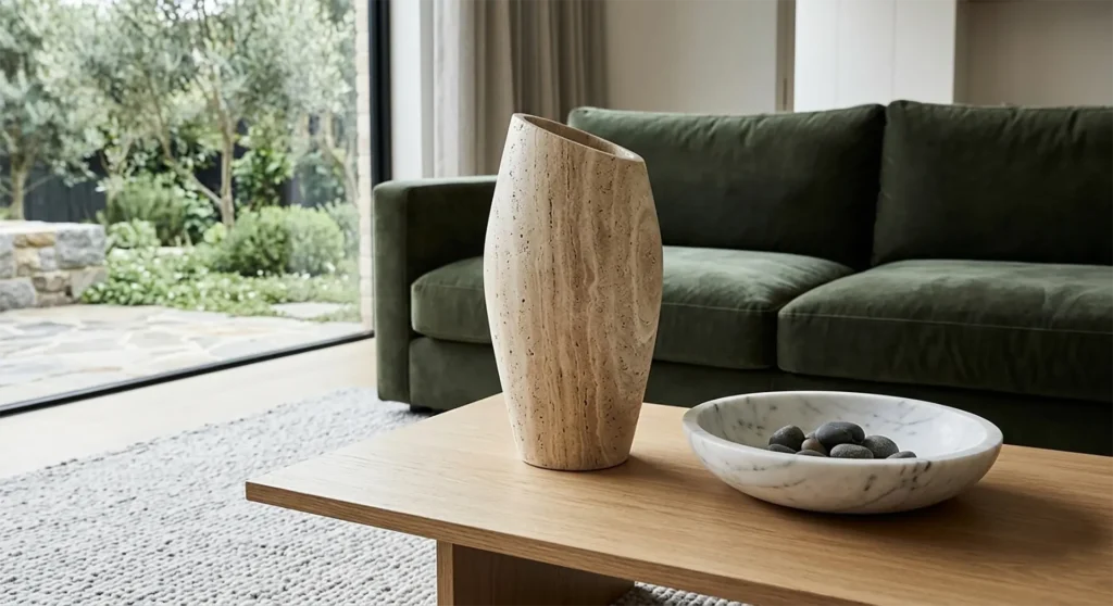 Luxury marble and travertine home decor objects on a minimalist coffee table - 2026 Interior Styling Trends