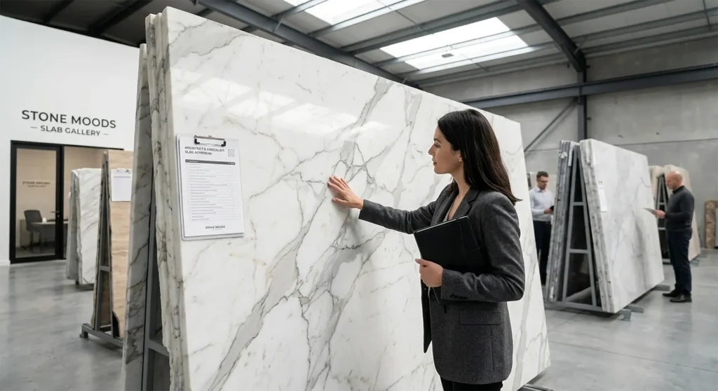 Architect inspecting Calacatta marble slabs with a checklist in a luxury stone warehouse - Stone Moods Approval Process