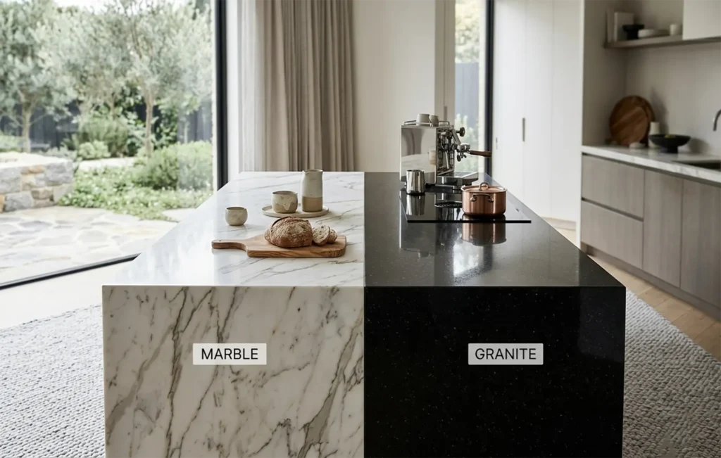 Marble vs. Granite countertop durability comparison with Calacatta marble and polished black granite in a luxury kitchen.