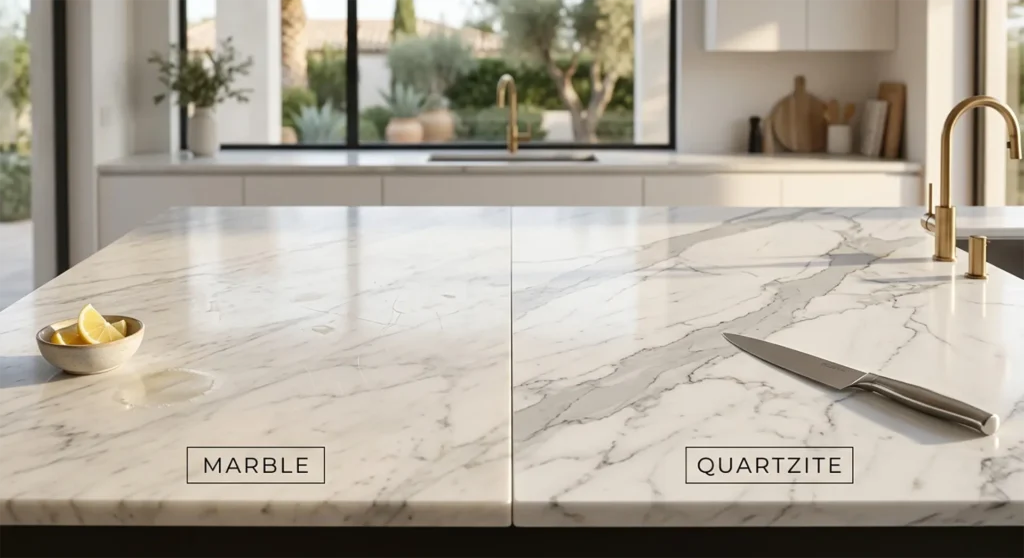 Marble vs. Quartzite countertop durability comparison in minimalist modern kitchen, focusing on veining and texture differences - Luxury Interior Design